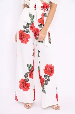 Rebellious Fashion White Floral Paper Bag Tie Waist Wide Leg Trousers - Kennedy
