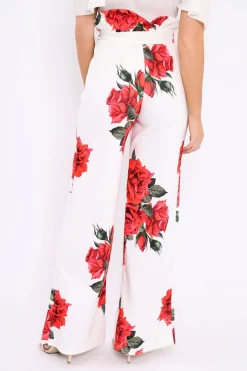 Rebellious Fashion White Floral Paper Bag Tie Waist Wide Leg Trousers - Kennedy