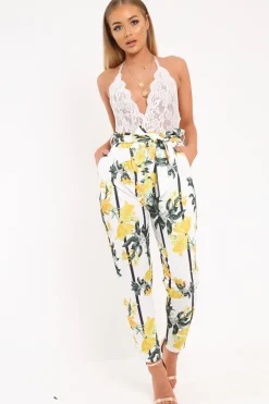 Rebellious Fashion White Floral Paper Bag Waist Trousers - Hadden