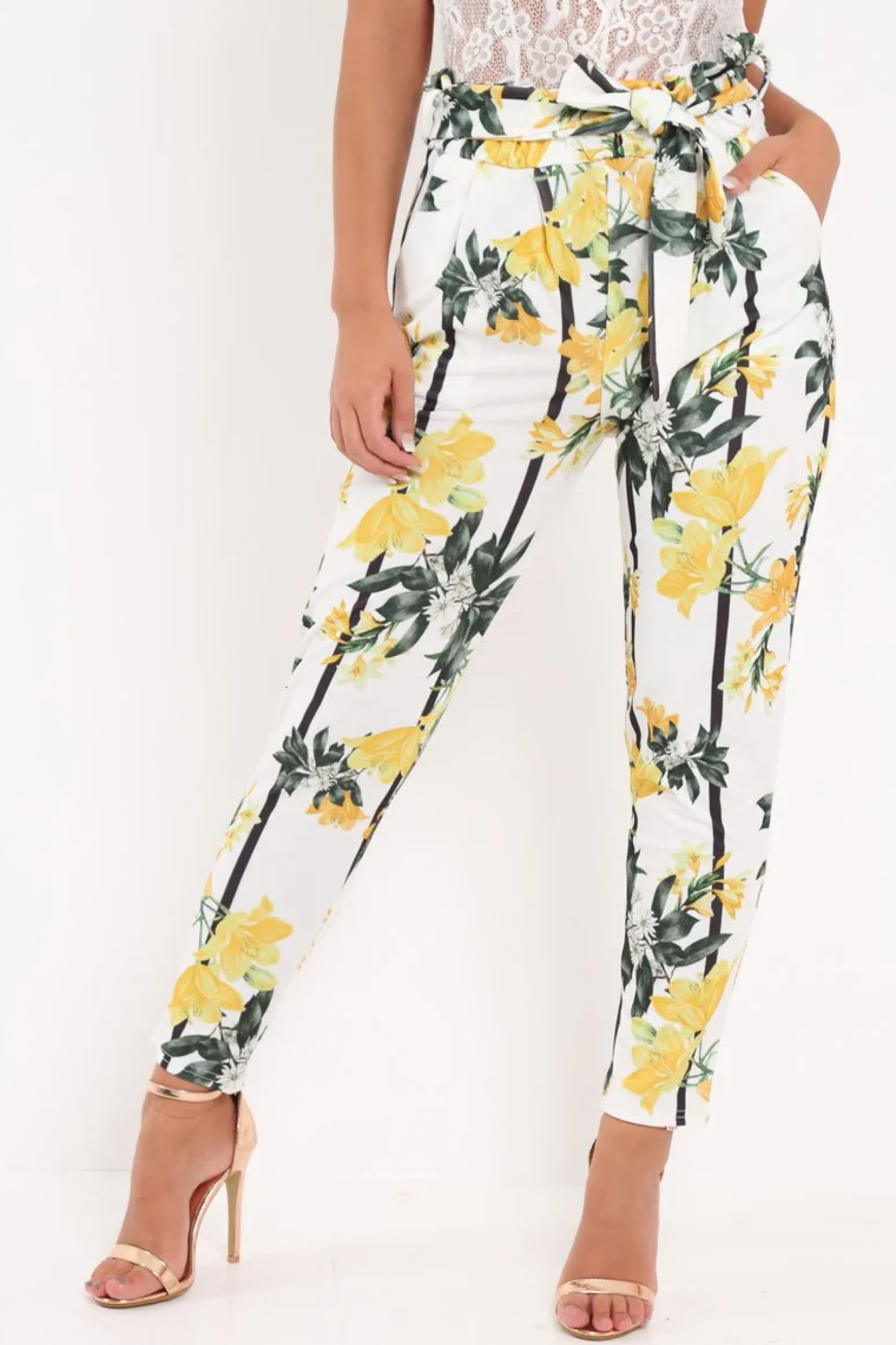 Rebellious Fashion White Floral Paper Bag Waist Trousers - Hadden