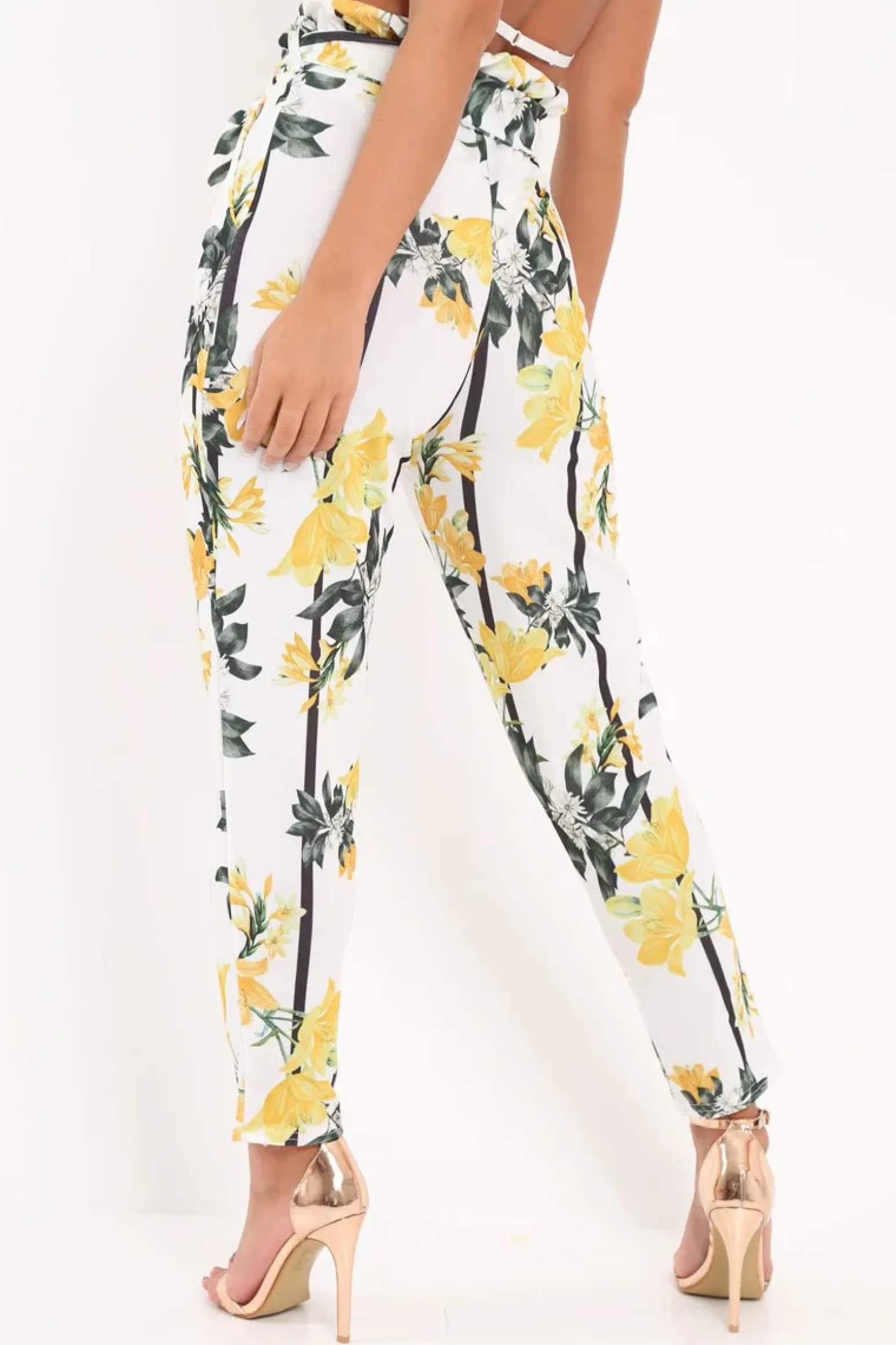 Rebellious Fashion White Floral Paper Bag Waist Trousers - Hadden