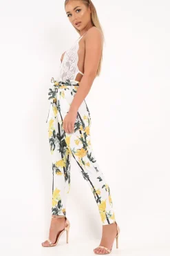 Rebellious Fashion White Floral Paper Bag Waist Trousers - Hadden