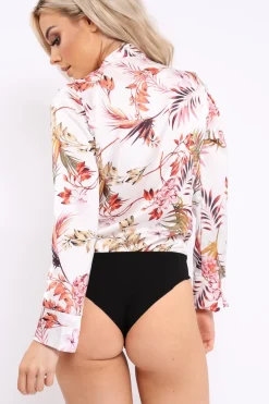 Rebellious Fashion White Floral Plunge Satin Bodysuit - Rebeka