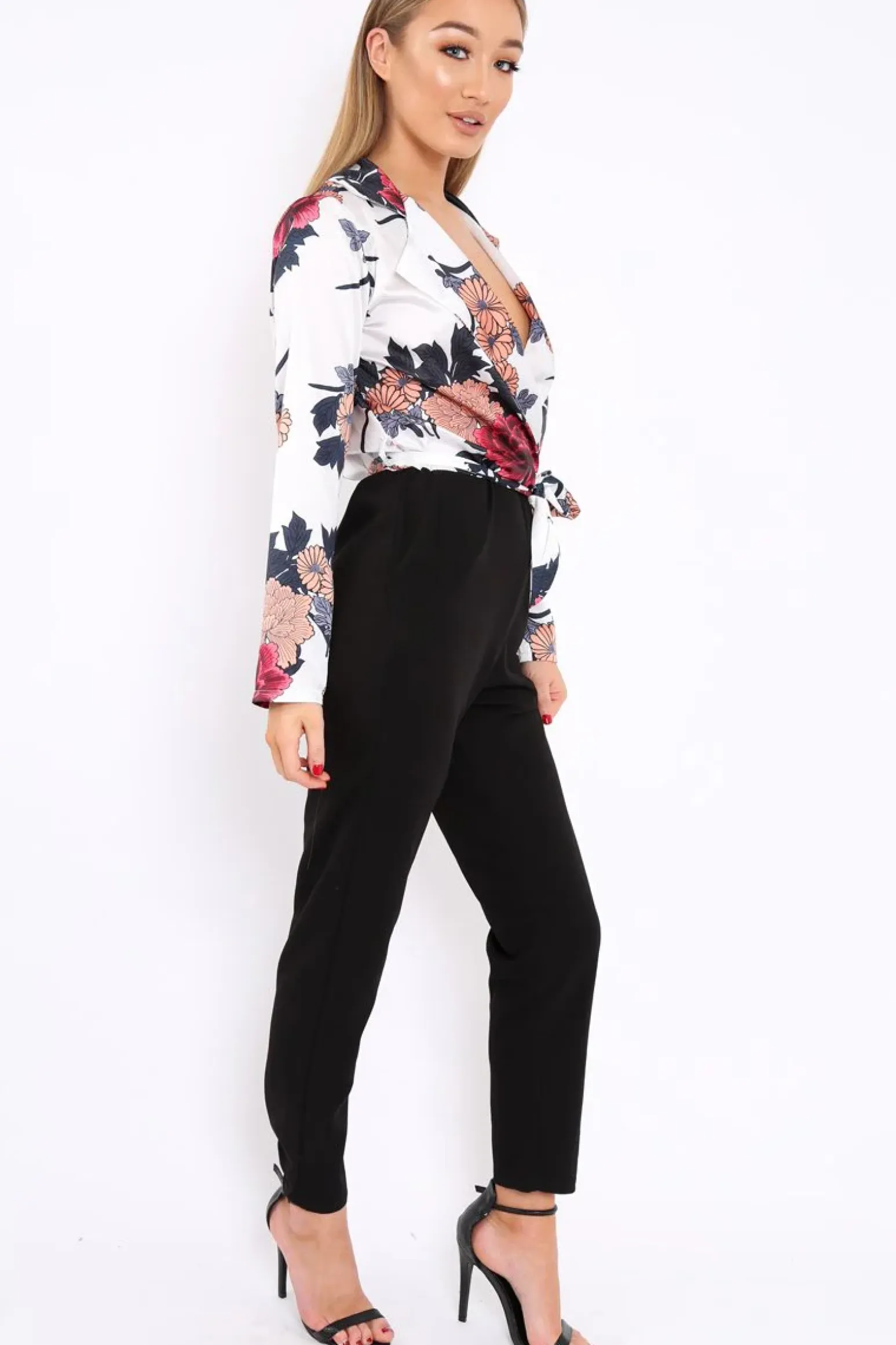 Rebellious Fashion White Floral Plunge Satin Wrap Front Jumpsuit - Talulah