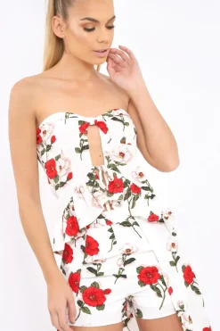 Rebellious Fashion White Floral Print Bandeau Frill Detail Crop Top - Brandi