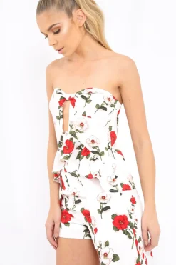 Rebellious Fashion White Floral Print Bandeau Frill Detail Crop Top - Brandi