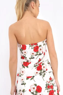 Rebellious Fashion White Floral Print Bandeau Frill Detail Crop Top - Brandi