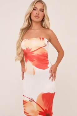 Rebellious Fashion White Floral Print Bandeau Maxi Dress - Elisabeth