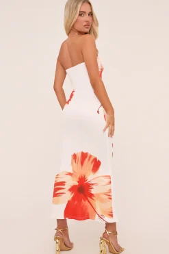 Rebellious Fashion White Floral Print Bandeau Maxi Dress - Elisabeth