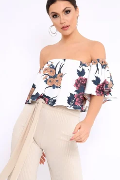 Rebellious Fashion White Floral Print Bardot Crop Top - Jeorgia