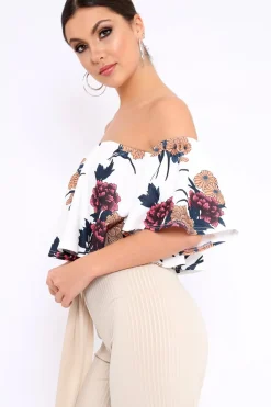 Rebellious Fashion White Floral Print Bardot Crop Top - Jeorgia