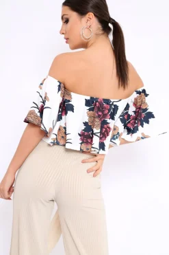 Rebellious Fashion White Floral Print Bardot Crop Top - Jeorgia