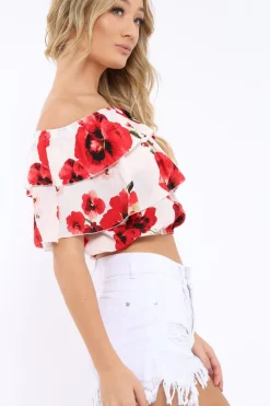 Rebellious Fashion White Floral Print Bardot Frill Crop Top - Caris