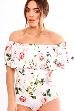 Rebellious Fashion White Floral Print Bardot Frill Bodysuit - Mylene