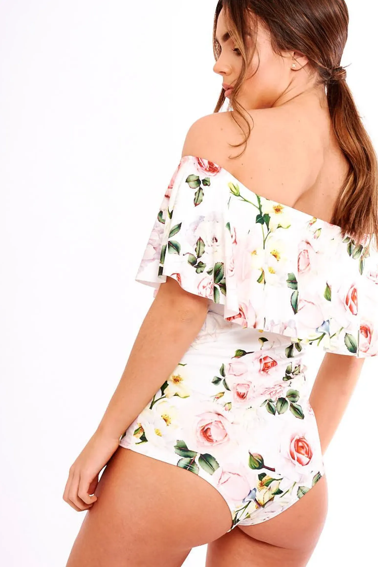 Rebellious Fashion White Floral Print Bardot Frill Bodysuit - Mylene