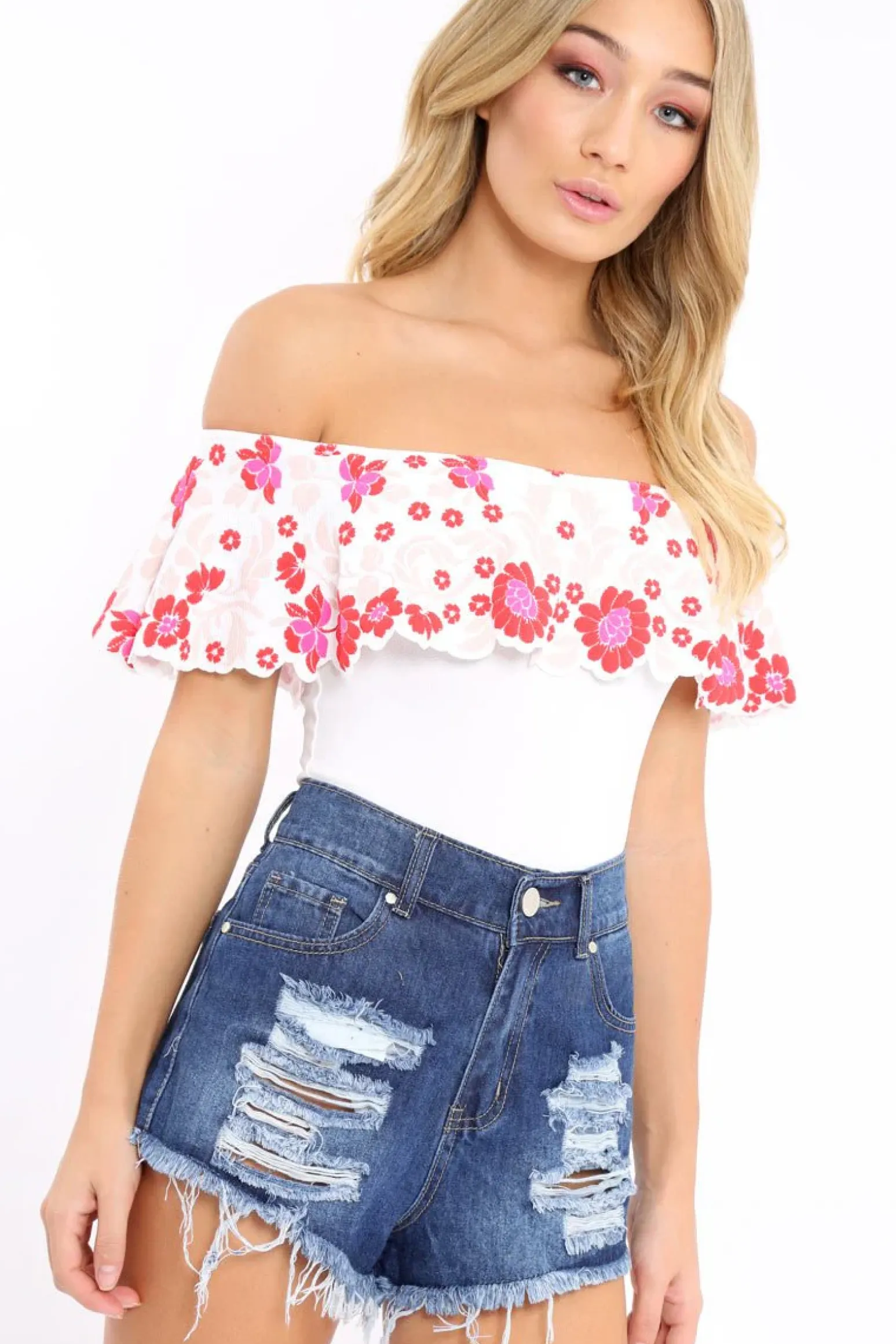 Rebellious Fashion White Floral Print Bardot Frill Bodysuit - Klaudia