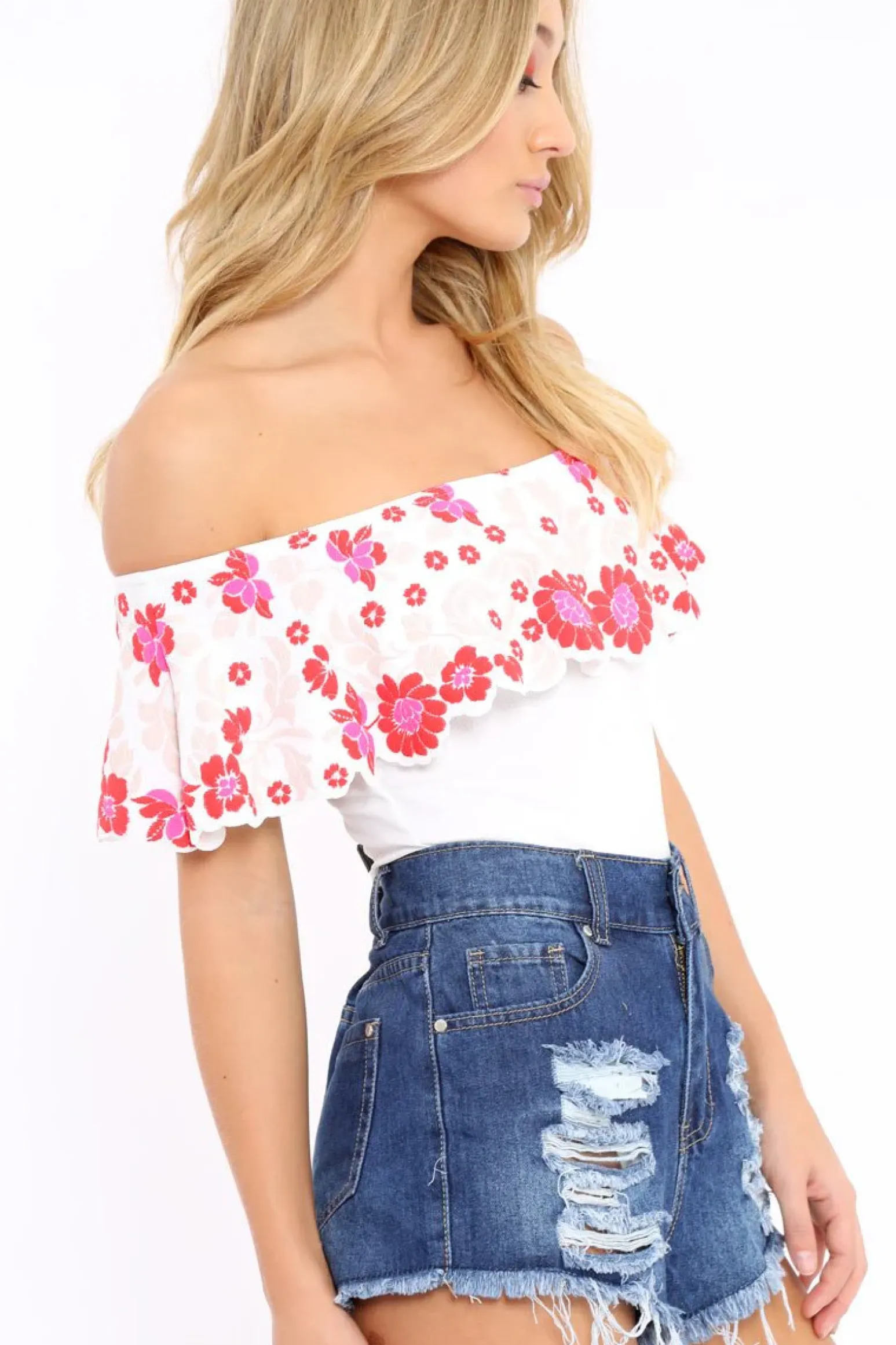 Rebellious Fashion White Floral Print Bardot Frill Bodysuit - Klaudia