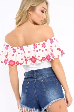 Rebellious Fashion White Floral Print Bardot Frill Bodysuit - Klaudia
