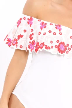Rebellious Fashion White Floral Print Bardot Frill Bodysuit - Klaudia