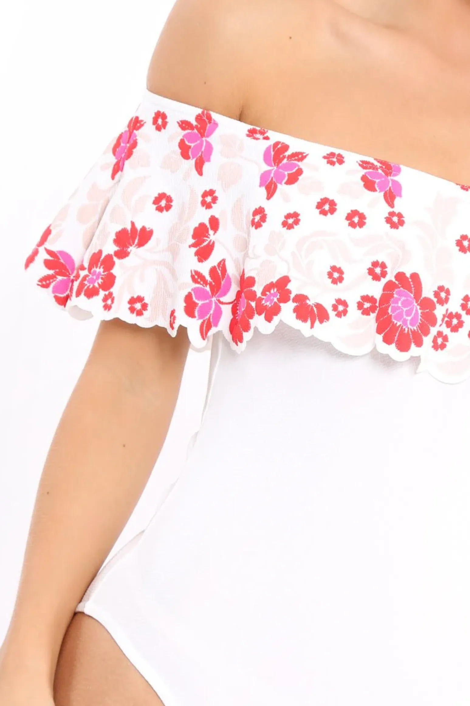 Rebellious Fashion White Floral Print Bardot Frill Bodysuit - Klaudia
