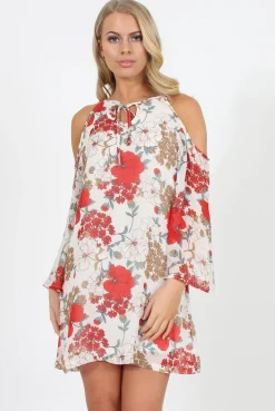 Rebellious Fashion White Floral Print Cold Shoulder Dress - Penelope