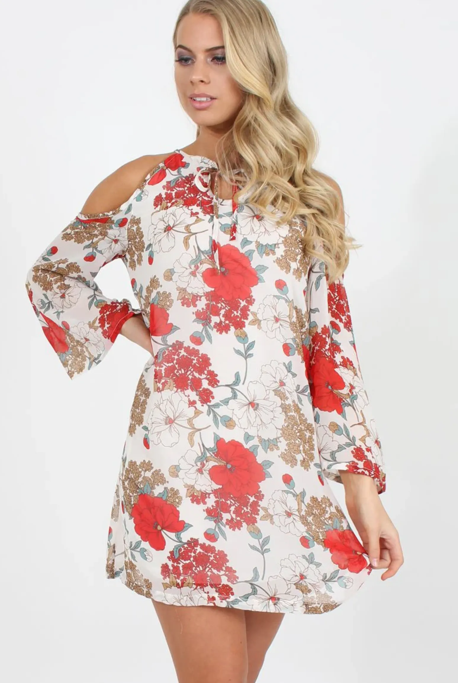 Rebellious Fashion White Floral Print Cold Shoulder Dress - Penelope