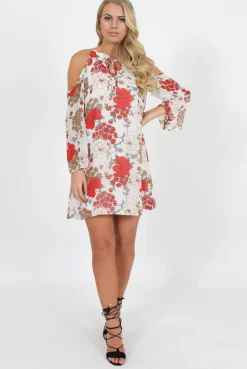 Rebellious Fashion White Floral Print Cold Shoulder Dress - Penelope
