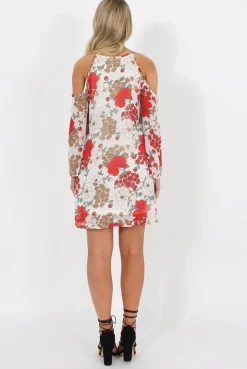 Rebellious Fashion White Floral Print Cold Shoulder Dress - Penelope