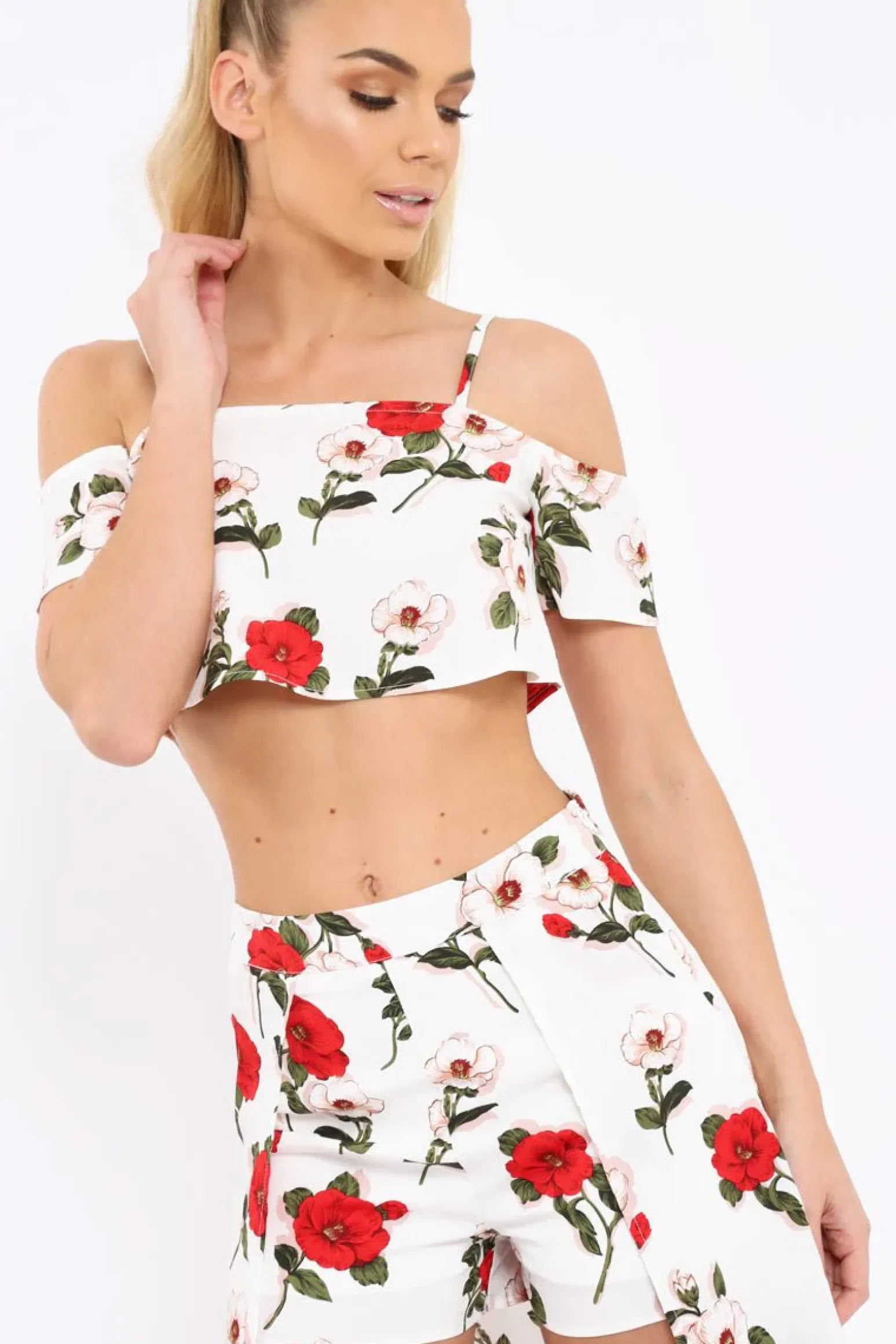 Rebellious Fashion White Floral Print Cold Shoulder Frill Crop Top - Mandi