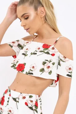 Rebellious Fashion White Floral Print Cold Shoulder Frill Crop Top - Mandi