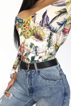 Rebellious Fashion White Floral Print Cold Shoulder Bodysuit - Abiela