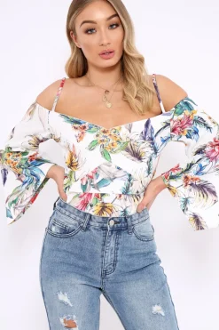 Rebellious Fashion White Floral Print Cold Shoulder Bodysuit - Abiela