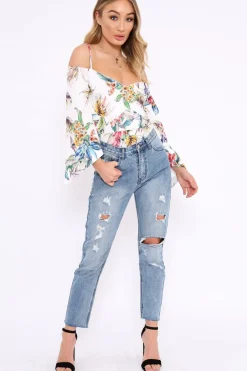 Rebellious Fashion White Floral Print Cold Shoulder Bodysuit - Abiela