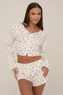 Rebellious Fashion White Floral Printed Rib Shorts Lounge Set - Darya