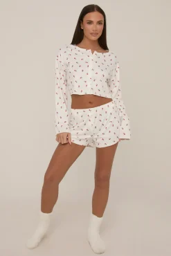 Rebellious Fashion White Floral Printed Rib Shorts Lounge Set - Darya