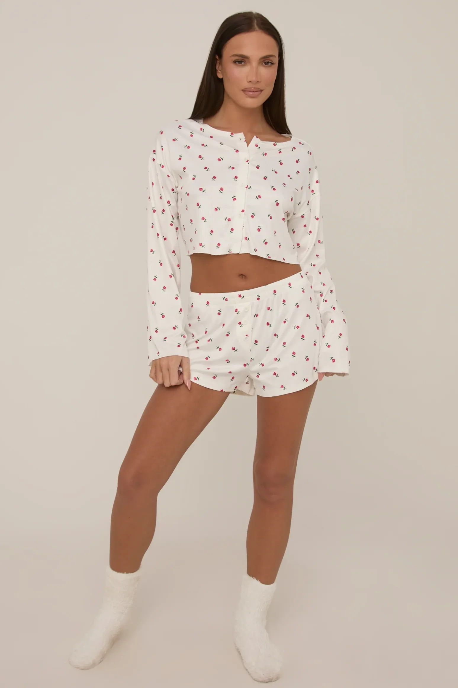 Rebellious Fashion White Floral Printed Rib Shorts Lounge Set - Darya