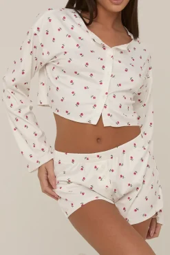 Rebellious Fashion White Floral Printed Rib Shorts Lounge Set - Darya