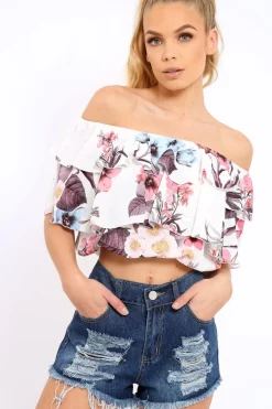 Rebellious Fashion White Floral Print Frill Bardot Crop Top - Pollie