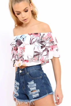 Rebellious Fashion White Floral Print Frill Bardot Crop Top - Pollie