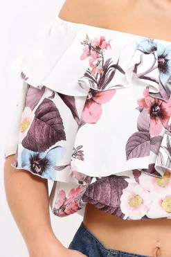 Rebellious Fashion White Floral Print Frill Bardot Crop Top - Pollie