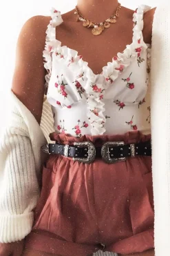 Rebellious Fashion White Floral Print Frill Detail Crop Top - Bellagrace