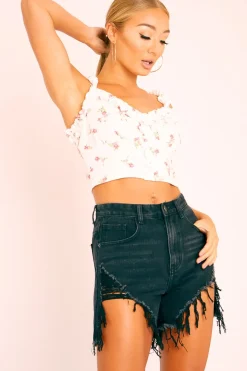 Rebellious Fashion White Floral Print Frill Detail Crop Top - Bellagrace
