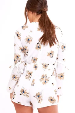 Rebellious Fashion White Floral Print Lace Up Playsuit - Courtney