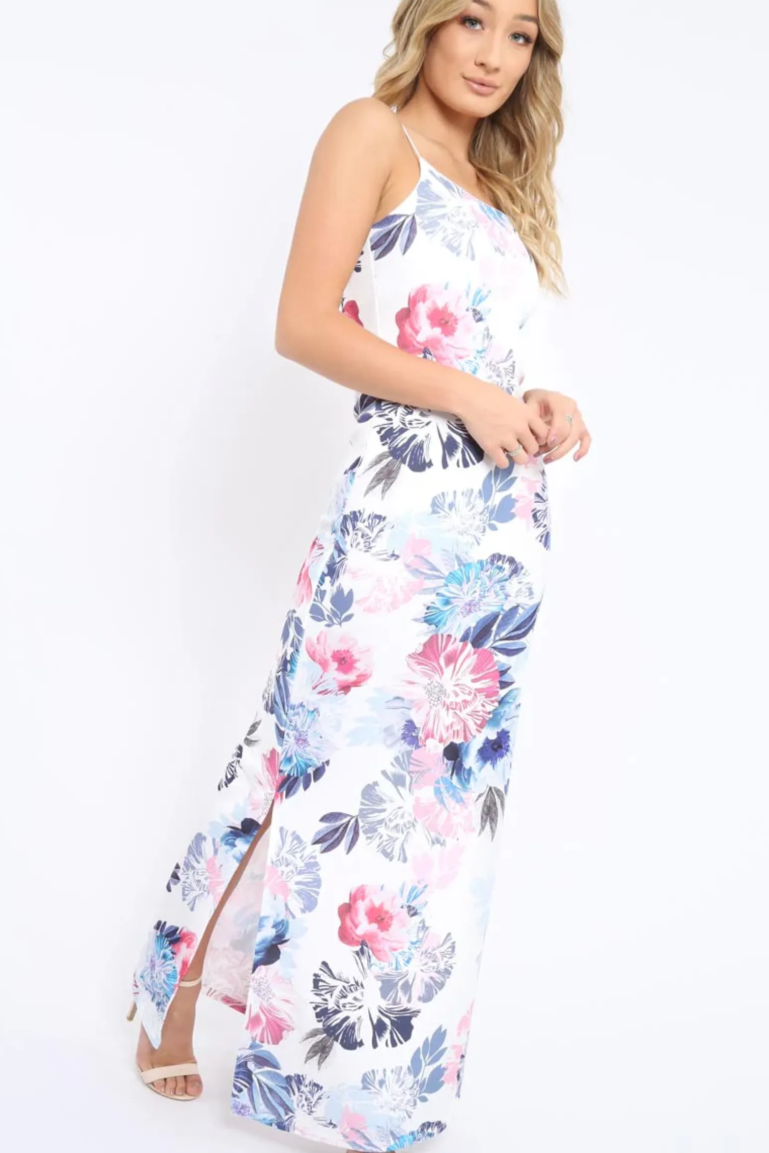Rebellious Fashion White Floral Print Maxi Dress - Karin
