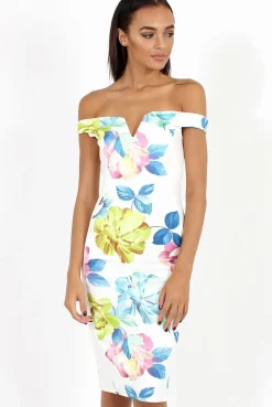 Rebellious Fashion White Floral Print Off the Shoulder Midi Dress - Harmony