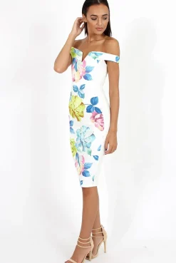 Rebellious Fashion White Floral Print Off the Shoulder Midi Dress - Harmony
