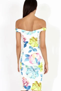 Rebellious Fashion White Floral Print Off the Shoulder Midi Dress - Harmony