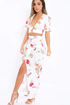 Rebellious Fashion White Floral Print Split Maxi Skirt- Shayna