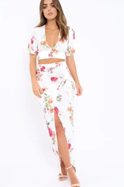 Rebellious Fashion White Floral Print Split Maxi Skirt- Shayna
