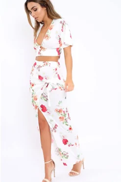 Rebellious Fashion White Floral Print Split Maxi Skirt- Shayna